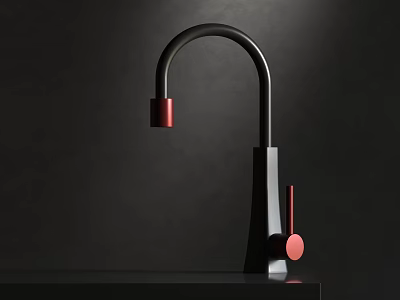 Modern Black Faucet with Red Accents Sleek Curved Spout and Minimalist Design 3d model
