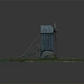 Old Wooden Windmill with Stone Pedestal on Green Grassland and Path