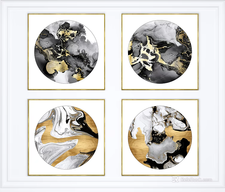 Circular Abstract Paintings With Black White Gold Marble Texture And Golden Frames 3d model 