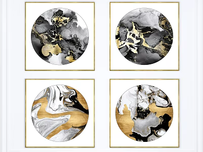 Circular Abstract Paintings With Black White Gold Marble Texture And Golden Frames 3d model