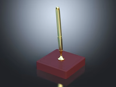 Elegant Golden Pen Standing On Red Square Base With Dark Gradient Background 3d model