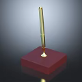 Elegant Golden Pen Standing On Red Square Base With Dark Gradient Background 3d model