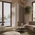 Modern Living Room Interior With Beige Sofas Floor to Ceiling Windows and Indoor Tree