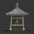 Cartoon Japanese Style Gazebo With Wooden Frame Bell And Tiled Roof On Round Base