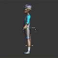 3D Model Cyclist in Blue Outfit With Purple Helmet Standing by Wooden Frame Bicycle