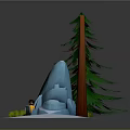 Natural Winter Scene With Snowy Ground Blue Rock Pine Tree And Small Plants