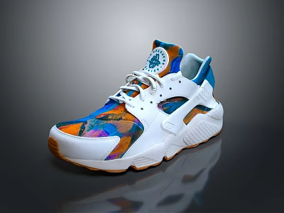 Modern Design White Base Sneakers With Colorful Patterns Blue Orange Accents And Rubber Sole 3d model