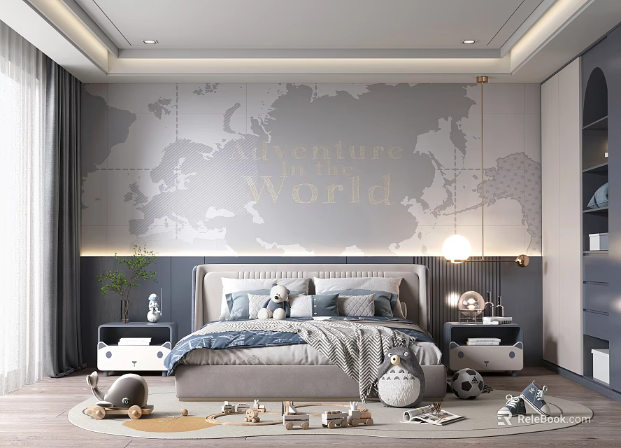Cozy Kids Room With World Map Wall Adventure World Text Cozy Bed And Playful Toys 3d model 