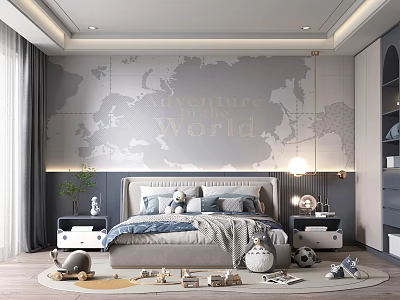 Cozy Kids Room With World Map Wall Adventure World Text Cozy Bed And Playful Toys 3d model