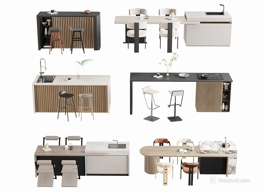 Modern Bar Counter Area Design With Wooden Countertop And Stylish Stools 3d model 