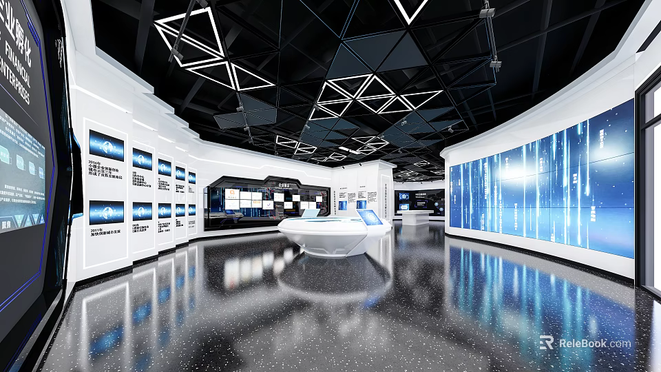 Modern Technology Exhibition Hall Interior Design With Digital Screens Interactive Displays And Sleek Lighting 3d model 