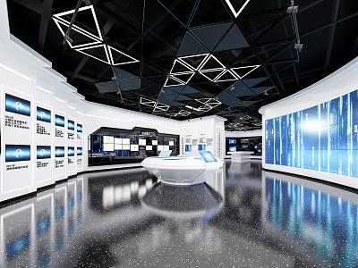 Modern Technology Exhibition Hall Interior Design With Digital Screens Interactive Displays And Sleek Lighting 3d model