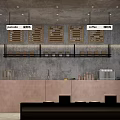 Modern Minimalist Milk Tea Shop Interior With Pink Counter Gray Shelves And Drinks