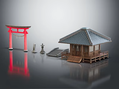Ancient Architectural Models Featuring Red Torii Gate Wooden Pavilion Tiled Roof And Stone Lanterns 3d model