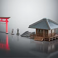 Ancient Architectural Models Featuring Red Torii Gate Wooden Pavilion Tiled Roof And Stone Lanterns