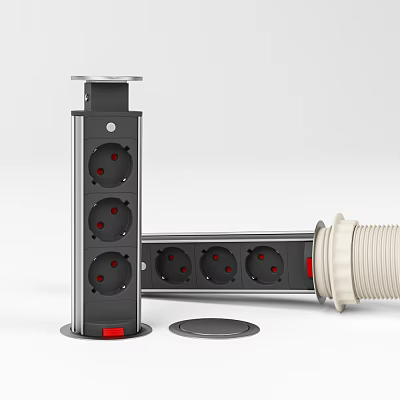 Modern Black Switch Panel with Multiple Sockets Silver Frame Red Button Vertical Design White Cable Extension 3d model