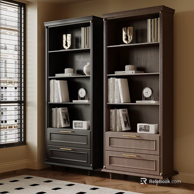 Dark Colored Bookcases With Drawers Books Vases Clocks Near Window Blinds 3d model 