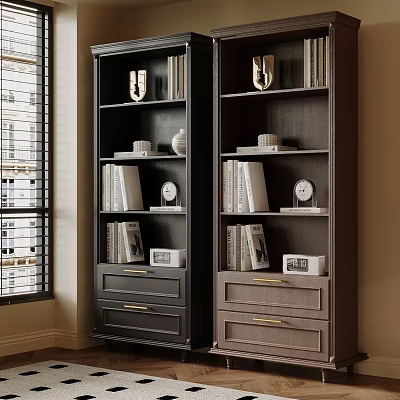 Dark Colored Bookcases With Drawers Books Vases Clocks Near Window Blinds 3d model