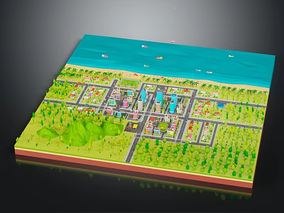 Cartoon City Scene With Green Trees Buildings Roads And Blue Water Area 3d model