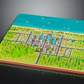 Cartoon City Scene With Green Trees Buildings Roads And Blue Water Area
