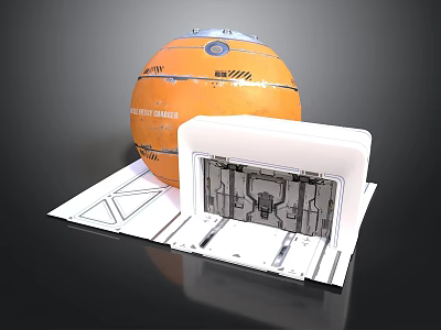 Orange Spherical Structure With White Expandable Model And Mechanical Design Blueprint 3d model