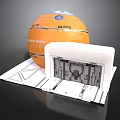 Orange Spherical Structure With White Expandable Model And Mechanical Design Blueprint