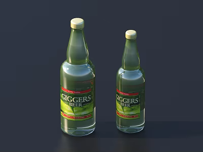 Two Green Biggers Beer Glass Bottles With Transparent Body And Labels 3d model