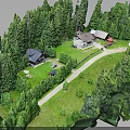 Lush Green Forest Scene With Small Wooden Cabins And Curved Path Surrounded By Trees