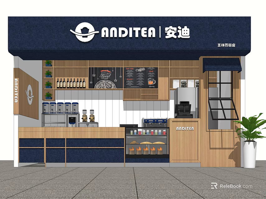 ANDITEA Mall Tea Shop With Wooden Counter Blue Awning And Green Plant Display Fridge 3d model 