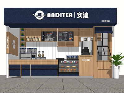 ANDITEA Mall Tea Shop With Wooden Counter Blue Awning And Green Plant Display Fridge 3d model
