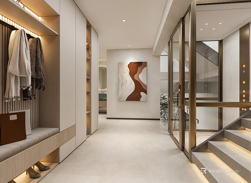 Modern Entryway Interior Design With Storage Bench Coat Hooks And Abstract Artwork 3d model 