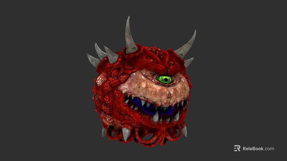 Red Demon Creature Head with Spikes Horns Green Eye and Sharp Teeth 3d model 
