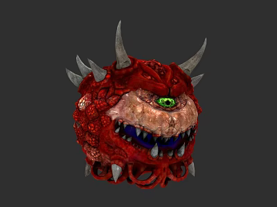 Red Demon Creature Head with Spikes Horns Green Eye and Sharp Teeth 3d model
