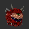 Red Demon Creature Head with Spikes Horns Green Eye and Sharp Teeth