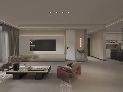 Modern Living Dining Room Interior Design With Open Concept Sofa Coffee Table And TV Wall 3d model