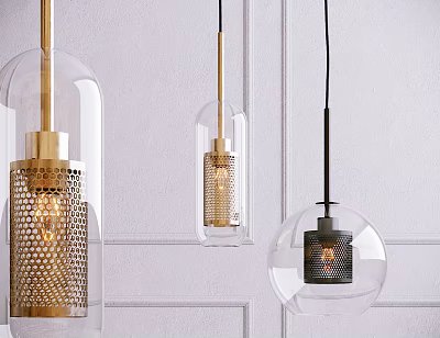 Modern Pendant Lights With Transparent Glass Shades And Metal Frames For Interior Decor 3d model