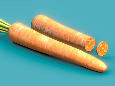 Fresh Orange Carrots With Green Tops And Sliced Piece On Blue Background 3d model