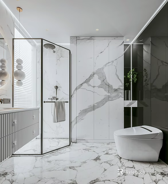 Modern Bathroom Interior With Marble Walls Glass Shower Smart Toilet Vanity And Green Plant 3d model 