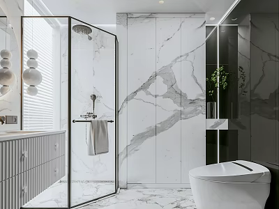 Modern Bathroom Interior With Marble Walls Glass Shower Smart Toilet Vanity And Green Plant 3d model
