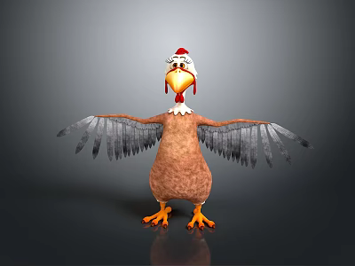 Cartoon Chicken With Red Comb White Head Ornament Brown Body Grey Wings Yellow Beak And Feet 3d model