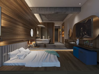 Modern Hotel Room Interior With Wooden Walls King Bed Bathtub And Concrete Ceiling 3d model