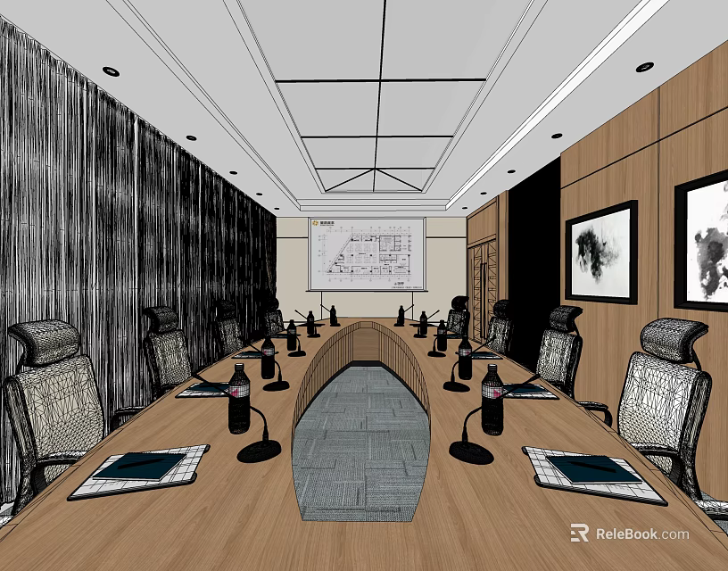 Modern Conference Room Interior Design With Long Wooden Table And Leather Chairs 3d model 