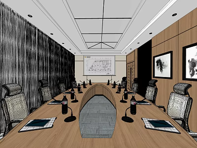 Modern Conference Room Interior Design With Long Wooden Table And Leather Chairs 3d model