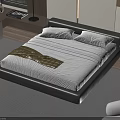 Modern Double Bed with Black Leather Frame White Striped Bedsheets and Gold Quilt