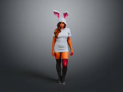 A Woman Wearing Rabbit Ears Headpiece And Gray Short Dress With Knee High Boots 3d model
