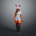 A Woman Wearing Rabbit Ears Headpiece And Gray Short Dress With Knee High Boots