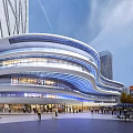 Modern Office Building With Curved Glass Facade And Plaza Area For Pedestrians