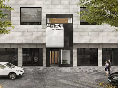 Modern Storefront With Stone Wall Exterior Wooden Door Large Windows And Parked Cars 3d model