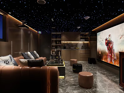 Modern Home Theater Room Interior With Starry Ceiling Large Projection Screen And Brown Leather Sofa 3d model