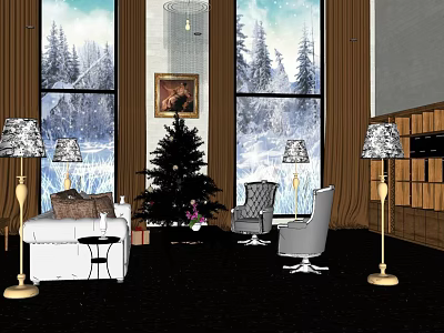 Modern Living Room Sofa And Coffee Table Set With Christmas Tree And Floor Lamps 3d model